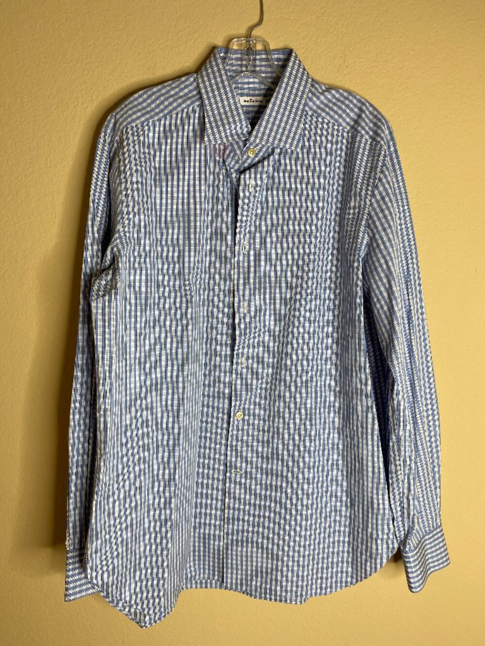 kiton blue & white check dress shirt